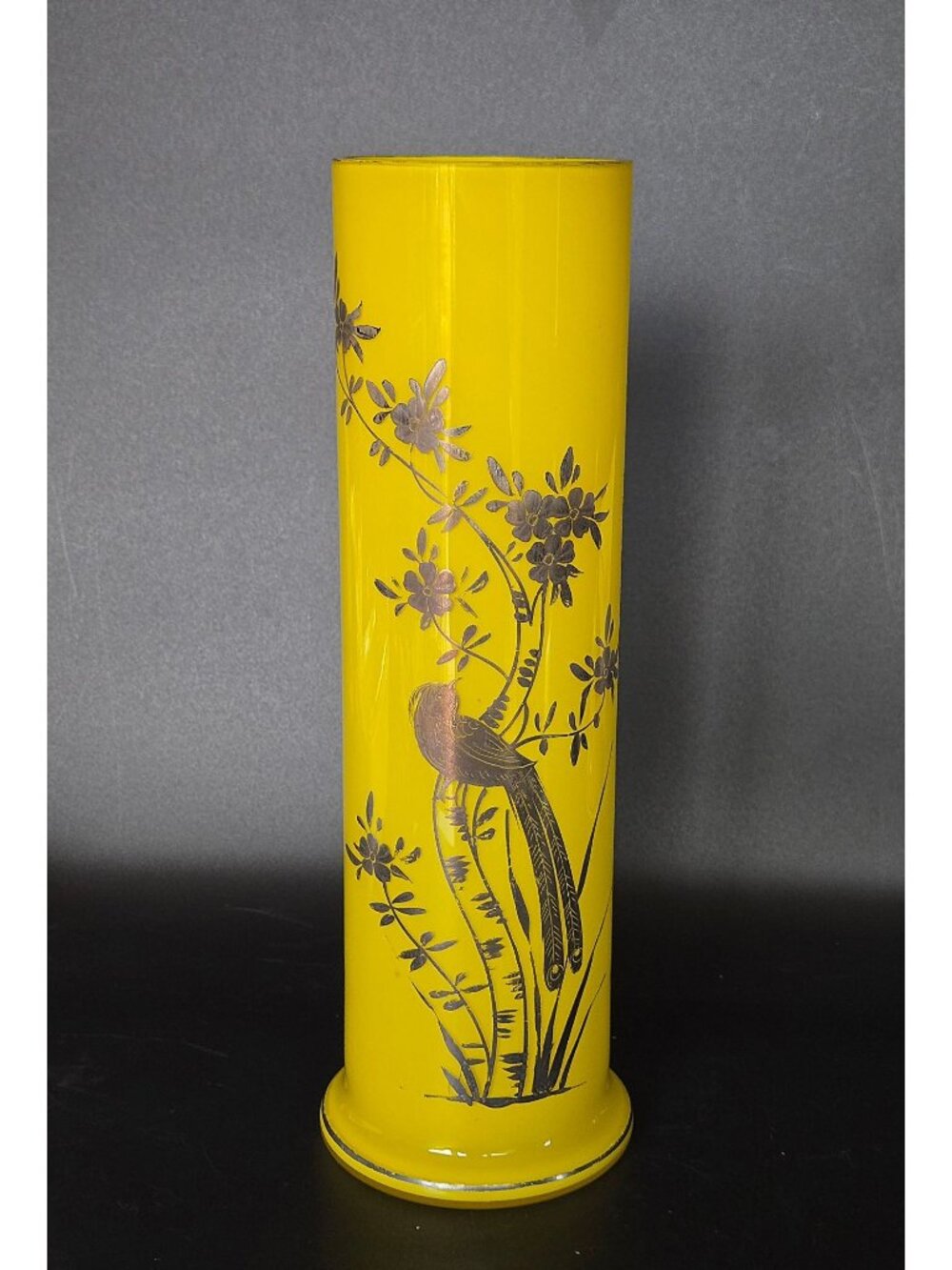 Czech Glass Yellow and Silver bird floral, Tango vase circa 1930s. Great Conditi